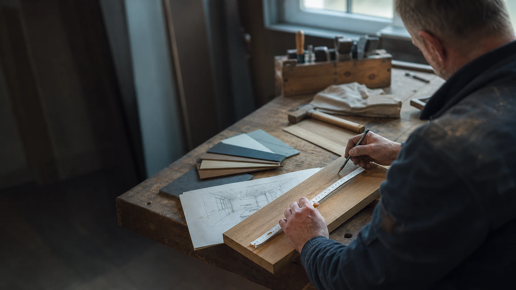 Handwerkliche Planung mit Bauzeichnung und Werkstück