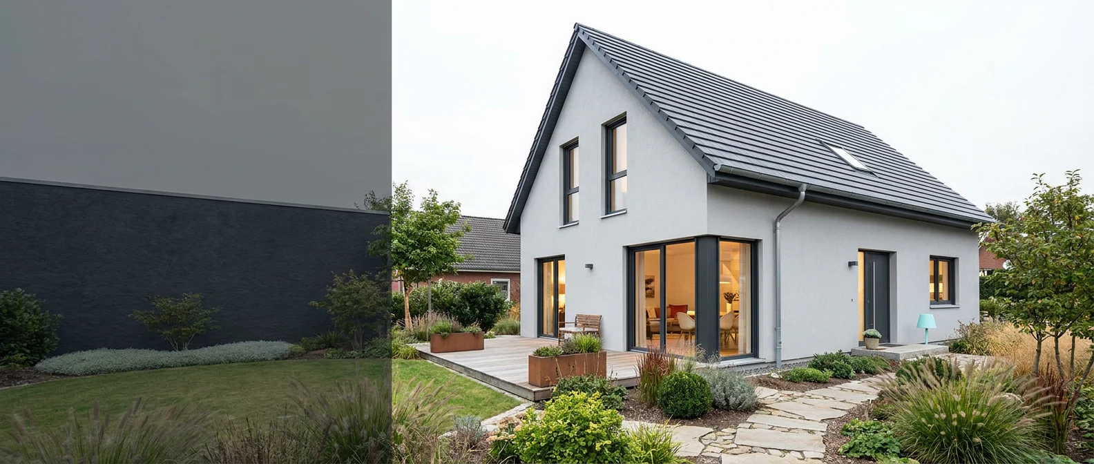 Saniertes Wohnhaus mit heller Fassade, modernisiertem Innenraum und gestalteter Gartenanlage